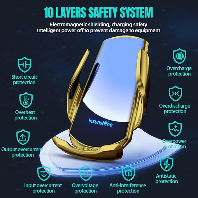 Wireless Car Charger, MAX 15W Fast Charging Auto Clamping, Sensing Phone Holder Mount, fit for iPhone 16 15 14 13 12 Pro Max Xs X, Samsung Galaxy S24 Ultra S23 S22 S21 S20 Note20 (5-Golden)
