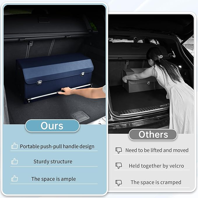 XCF Car Trunk Organizer, Collapsible Car Storage Organizer with Lid and Push-pull Handle Leather Trunk Organizer for Suv, Truck, Minivan (Blue, 27.17 x 11.42 x 12.2in)