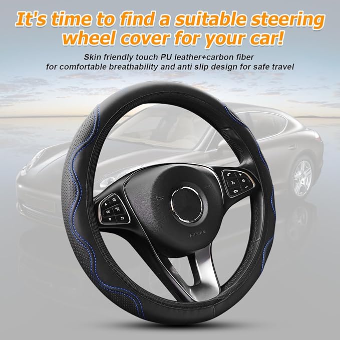 Elastic Stretch Car Steering Wheel Cover, Leather Soft Vehicle Steer Wheel Protector, 14.5-15 Inch Anti-Slip Automotive Protective Guard Accessories, Universal for SUV, Sedan, Truck (Black/Blue)