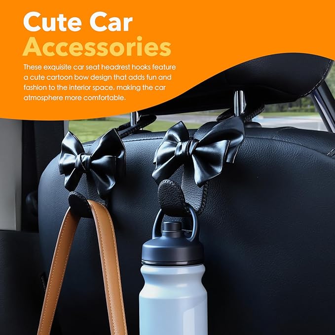 TISOHUGO Car Purse Hook, Cute Bow Hooks for Headrest - Leather U-Shaped Purse Holder for Car, Flexible Seat Back Organizer & Durable Vehicle Accessories for Bags, Coats & More (Black-2 Pack)