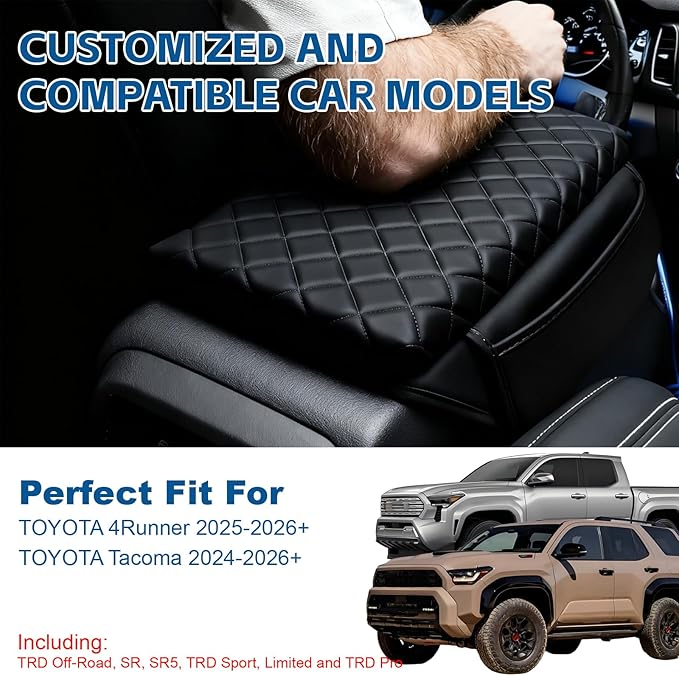 Thickened Armrest Cover Fit for Toyota Tacoma 2024 2025 2026 & 4Runner 2025 2026 Center Console Cover Accessories, Arm Rest Covers Lid Cushion Pad with Pockets Storage Bag