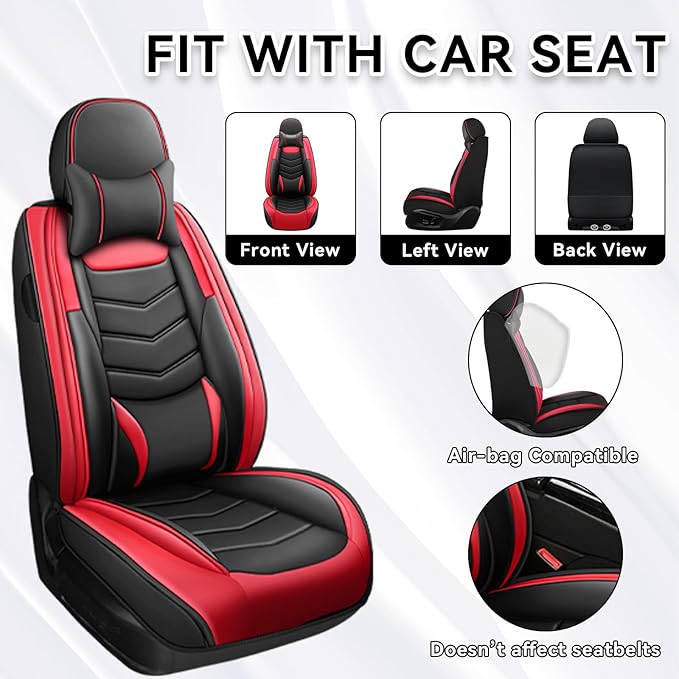 Car Seat Covers Fit for Chevy Trax 2015-2025, Side Airbag Compatibility, 3D Lumbar Support and Seamless Fit, Easy to Clean Sports Seat Cover2 Pcs Front with Pillow, Black Red