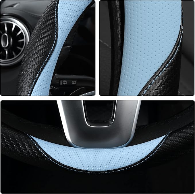 Car Steering Wheel Covers for Women Padded Carbon Fiber PU Leather Cute Auto Interior Accessories for Vehicle, Sedan, Universal, Anti Slip, Blue, Standard Size, 14.75-15.15in