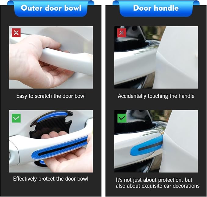 8 PCS Car Door Handle Protector Sticker, PVC Carbon Fiber Reflective Door Bowl & Handle Decoration Decal, Anti-Scratch Car Handles Sticker, Universal for Most Cars (Blue)