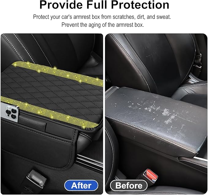 Bling Car Center Console Cover, Leather Car Arm Rest Cover Cushion with 2 Storage Bags, Universal Auto Armrest Protector Storage Box, Bling Accessories Interior for Most Vehicles (Yellow Diamond)