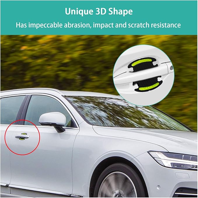 Augeny 8 PCS Car Door Handle Protector Reflective Stickers, Universal 3D Carbon Fiber Auto Door Handle Paint Guard, Anti-Scratch Car Door Bowl Protective Film for Most Cars (Green)