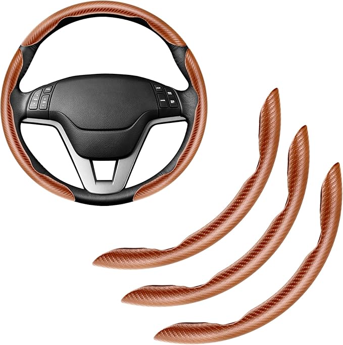 Amiss 3pcs Carbon Fiber Anti-Skid Steering Wheel Cover, Waterproof & Segmented Butterfly Design, Universal 99% Vehicle Wheel Cover Protector, Car Interior Accessories, Champagne