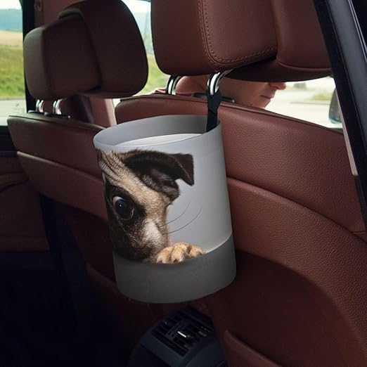 Cute Pug Dog Print Car Trash Can Leak Proof Hanging Waterproof Garbage Can Multipurpose Trash Bin for Car SUV Front Seat Headrest Collapsible and Portable Storage Pocket