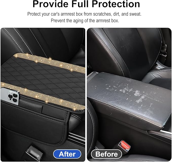 NBTEPEM Bling Car Center Console Cover, Leather Car Arm Rest Cover Cushion with 2 Storage Bags, Universal Automotive Armrest Protector Storage Box, Bling Accessories Interior for Most Vehicles (Gold)