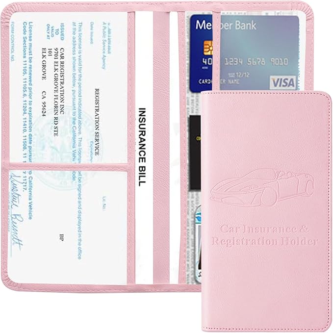 Vehicle Glove Box Car Organizer, Car Registration and Insurance Holder, Insurance Card Holder for Cars, Leather Card Holder Interior Auto Accessories for Women (Pink/Large)