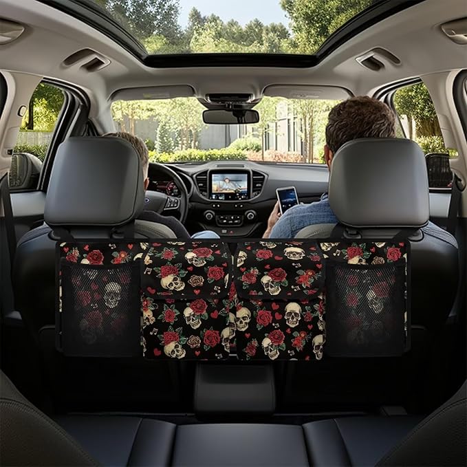 Red Rose Skull Car Trunk Organizer, Backseat Hanging Storage with 4 Large Pockets, Collapsible Cargo Bag with Adjustable Straps Sturdy Space Saving Expert for SUV, Truck, Van