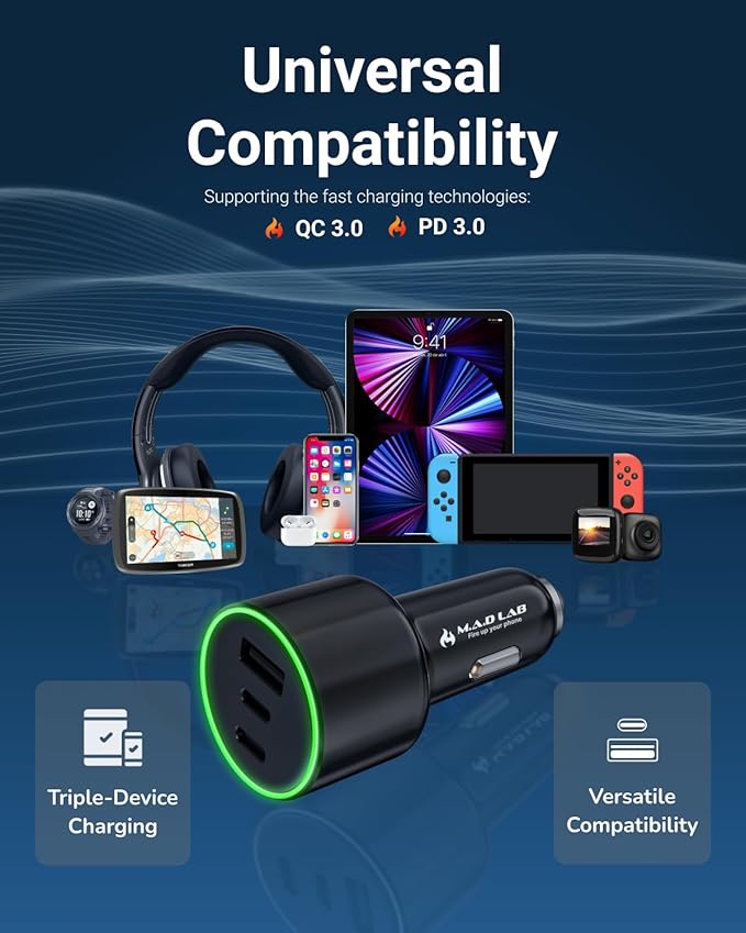 M.A.D Lab 84W Fast Car Charger USB C for Road Trips Family Travel, Smart Power Distribution & Overheat Protection, Dual 33W USB-C & 18W USB-A, Multi-Port for iPhone 16, iPad, Android, Galaxy and More