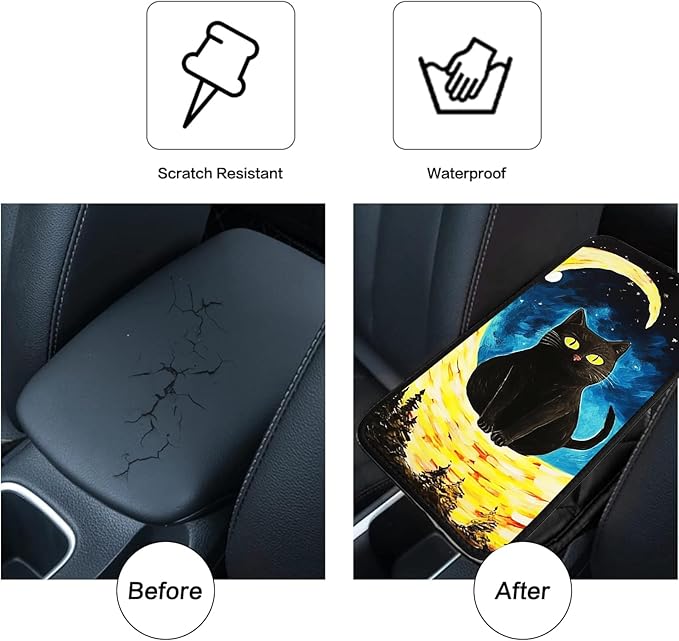 JANENFNA Car Armrest Cover Pads Universal Fashion Cute Auto Center Console Armrest Cover Pad with 2PCS Car Coasters Soft Waterproof Car Armrest Seat Protector for Women,Moon Cat