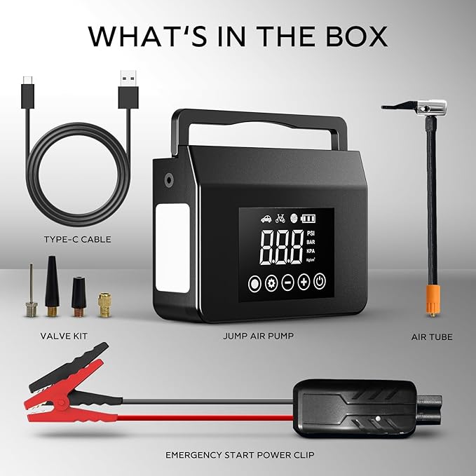 Hieha 4000A Portable Jump Starter with Air Compressor, 12V Car Battery Power (All Gas 8L Diesel) with 150PSI Tire Inflator 8000mAh PowerBank & Quick Charge, Flashlight, Emergency kit for Car, Truck