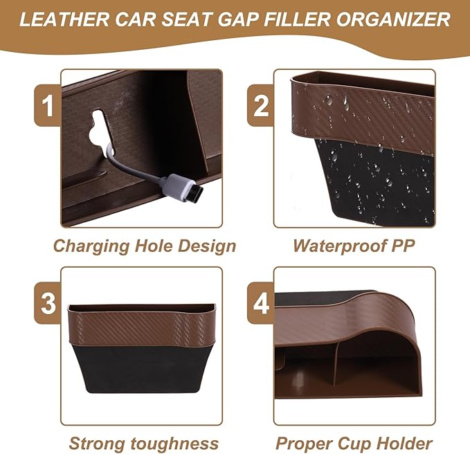HARFINGTON 2pcs Car Seat Gap Filler Organizer 10.6 x 7.1 x 2.8 Inch ABS+Leather Universal Car Organizer Storage Box Between Seat and Console (Left+Right) with Cup Holders for Phone, Beige