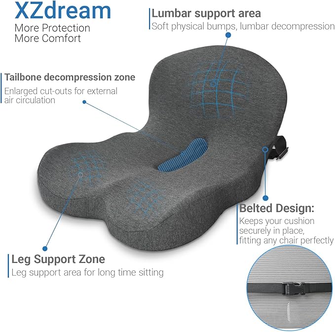 XZdream Memory Foam Seat Cushion,Office Chair Cushion with Lumbar Support for Back Pressure Relief, Car Seat Cushion with Adjustable Strap,Sciatica Pad Cushions for Car,Truck, Desk,Gaming Chair
