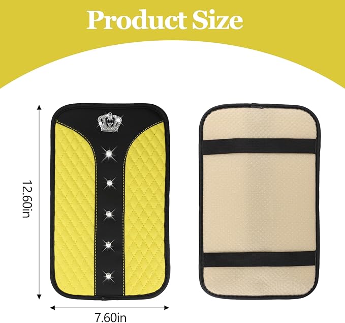 Bling Crown Car Center Console Cover, 12.7"×7.7" Armrest Cover for Cars, Waterproof Leather Arm Rest Box Pad Cushion, Universal Middle Console Cover Protector, Car Accessories (Yellow)