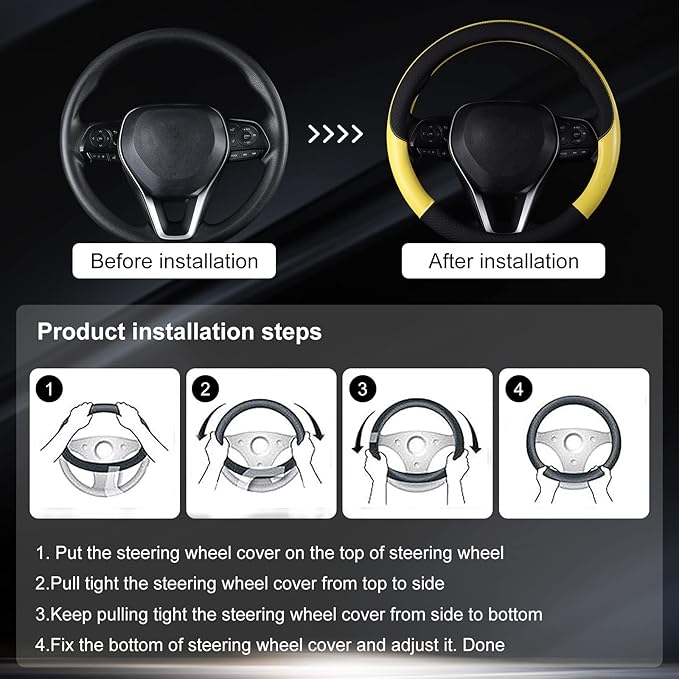 Auto Car Genuine Leather Steering Wheel Cover Anti Slip Wrap 15" (Yellow)