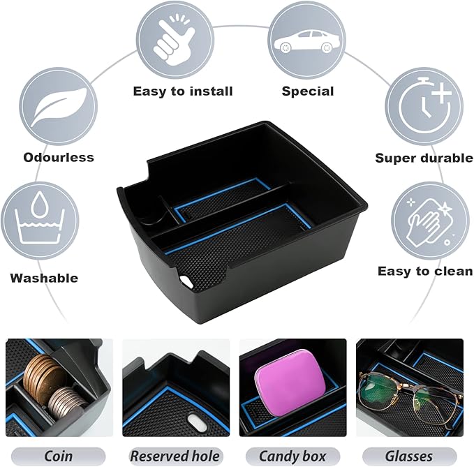 SKTU for 2018 2019 2020 2021 2022 2023 Hyundai Kona Center Console Organizer Insert ABS Black Materials Tray Armrest Box Glove Secondary Storage Box with Coin and Glass Holder (Blue)