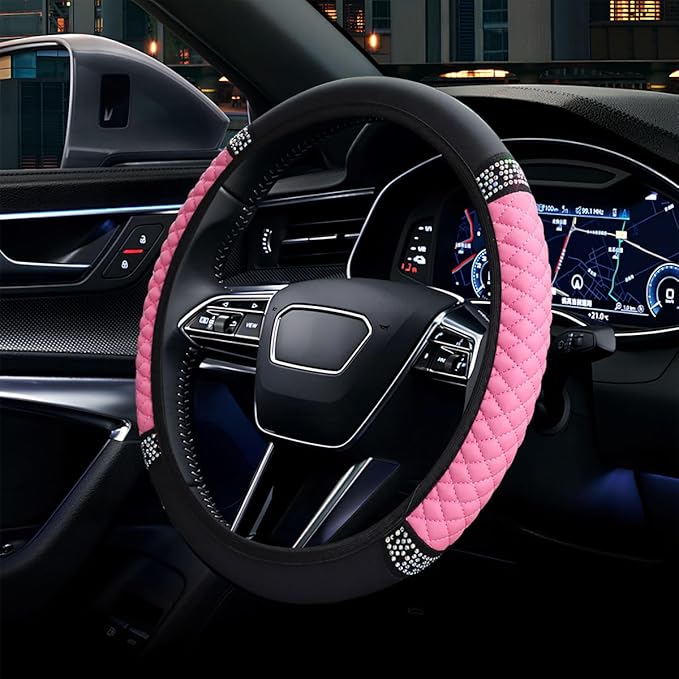 Bling Soft Leather Steering Wheel Cover, 15" Anti-Slip Sparkly Crystal Auto Elastic Steering Wheel Protector for Women Girl, Colorful Diamond Car Interior Accessory for Most Cars (Pink)