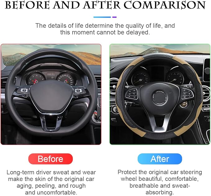 Car Steering Wheel Cover, Universal Microfiber PU Leather Elastic 15 inch Stitching Color Anti-Slip Steering Wheel Protector, Car Interior Accessories Steering Wheel Cover for Men Women (Beige)