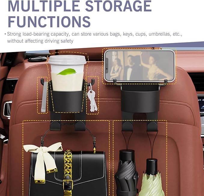 Eratus 2 PCS Car Seat Headrest Organizer, 3-in-1 Cup Holder Cell Phone Bracket Hanging Storage Hooks, Portable and Hands Free Multi-Function Hook, for Most Cars Backseat Accessories (Black)