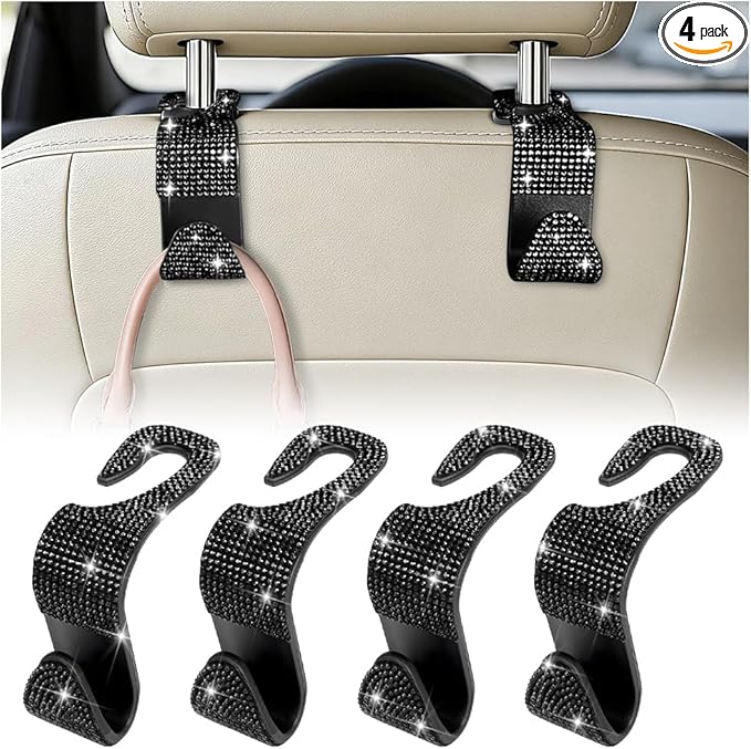 HZEL Bling Car Seat Headrest Hooks, 4PCS Crystal Rhinestone Vehicle Seat Back Hanger Holder for Purses Bag Handbags, Diamond Headrest Storage Organizer, Universal Auto Accessories (Black)