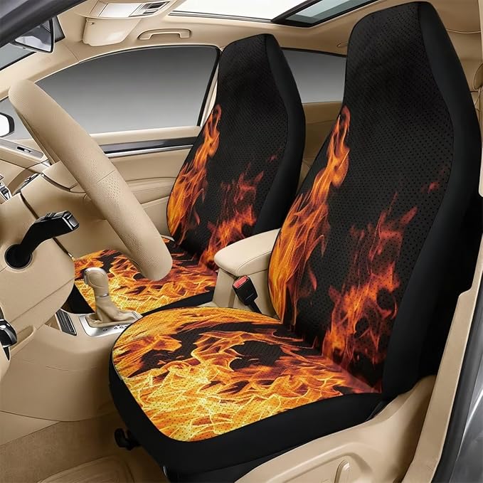 FUSURIRE Fire Flame Leather Front Seat Covers & Seat Belt Covers &Center Armrest Pad Universal Car Accessories for SUV,Van,Saden,Truck Automobile Interior Sets