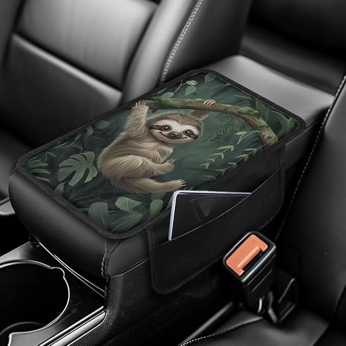 Dreaweet Car Center Console Cover with Pockets Cute Sloth Car Accessories for Women Interior,Car Arm Rest Cover Pad Universal Armrest Cover for Car Truck SUV Van