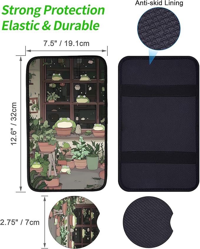 JANENFNA Car Armrest Cover Pads Universal Fashion Cute Auto Center Console Armrest Cover Pad with 2PCS Car Coasters Soft Waterproof Car Armrest Seat Protector for Women,Cute Green Frog