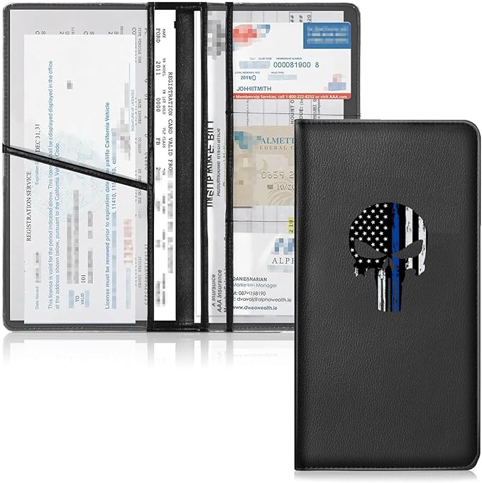 HANNHAI Leather Car Registration and Insurance Cards Holder, Vehicle Glove Box Car Organizer Documents License Compatible with American Skull Flag Auto Interior Accessories (FOR American Skull Flag B)