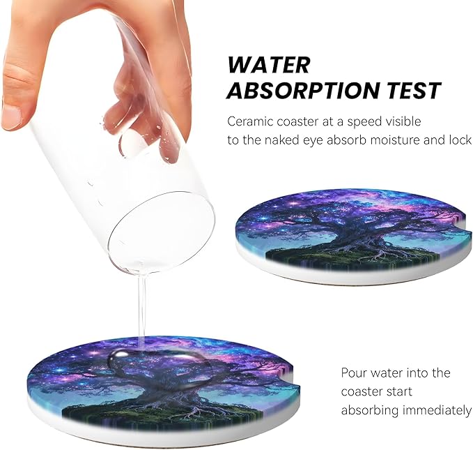 HUWAAI Tree Life Sky Galaxy Car Cup Holder Coasters 2 Pack Universal 2.63 Inch Anti Slip Ceramic Absorbent Coaster with Cork Base and Finger Notch Cute Car Accessories Interior for Women