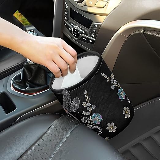 Dragonfly Trash Can for Car Car Garbage Can for Back Seat Leak Proof with Adjustable Buttons Car Accessories for Women Interior