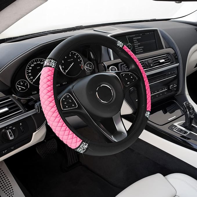 Bling Soft Leather Steering Wheel Cover, Anti-Slip Car Steering Wheel Protector, 15 Inch Rhinestones Soft Leather Elastic Steering Wheel Protector for Women Girls, Car Accessories for Most Cars