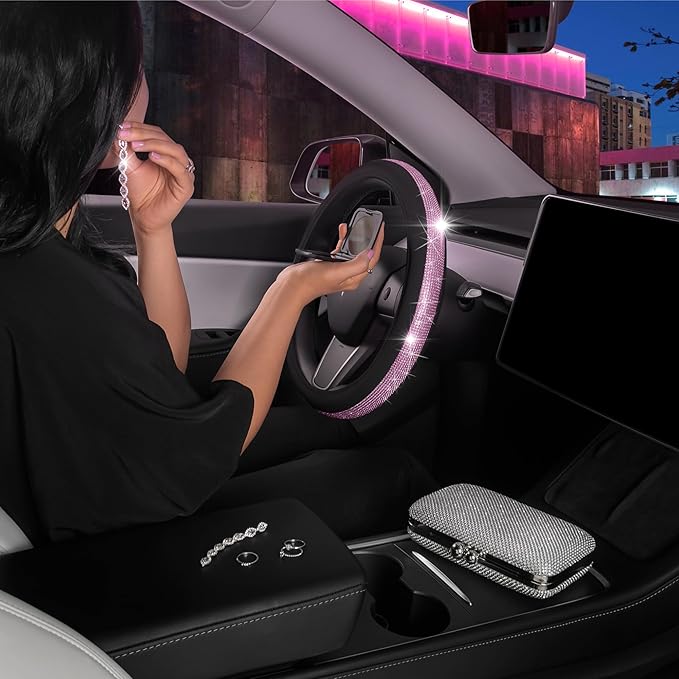 Carbella Leatherette Crystal Bling Steering Wheel Cover for Car SUV, Glitter Sparkle Rhinestone Cute Car Accessories for Women Universal Fit Standard Size (Fits 14.5"-15") - Black w/Pink Bling