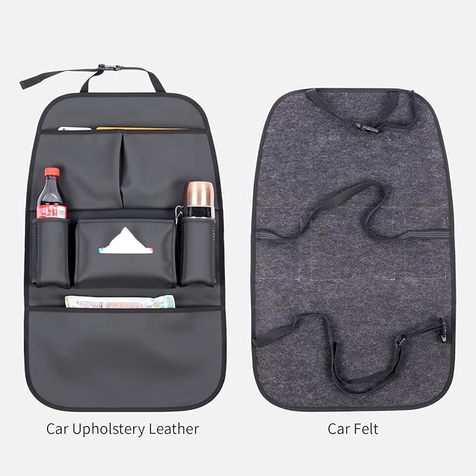 pefirst Car Backseat Organizer for Kids, Car Back Seat Storage Bag With 3 Pockets, 2 Drinks Holders, Water Resistant, Kids Toy Storage Kick Mat Back Seat Protector for Toddlers (Black 1-Pack)
