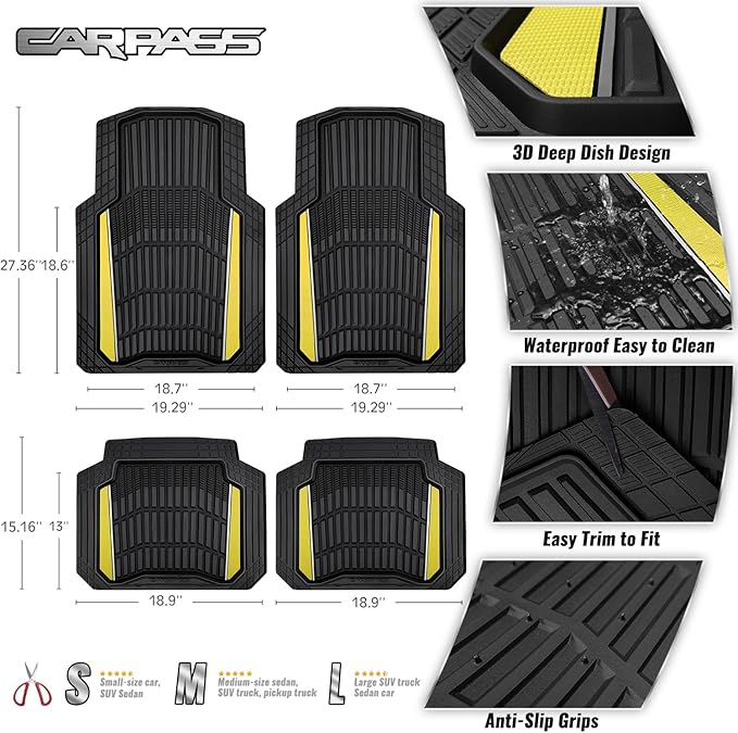 CAR PASS Heavy Duty Rubber Car Floor Mats, Deep Waterproof Car Floor Mats All Weather, Aluminum Film Floor Mats for Cars Non-Slip Universal Trim to Fit for SUV Trucks Sedans Vans,Black Yellow Metallic