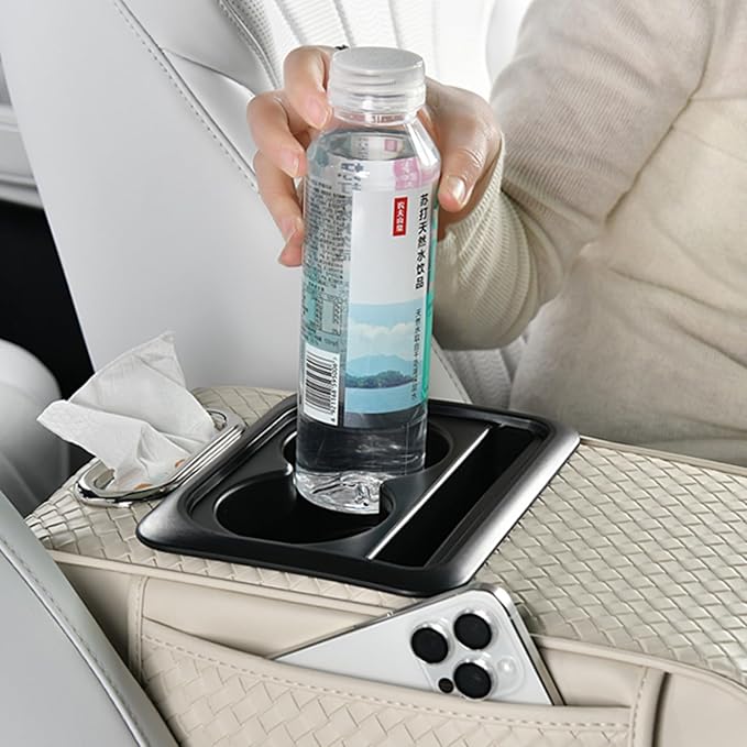 Car Armrest Cushion Cover Car Center Console Memory Foam Booster Pad with Storage Pocket and Tissue Hole for Sedan Vehicle (Cupholder - Beige, 13.39 * 7.68 * 2.95'' / 34 * 19.5 * 7.5cm)