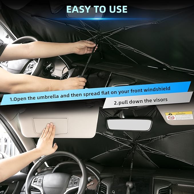 PONYBRO Foldable Windshield Sun Shade Umbrella for Cars,SUVs, MiniTrucks and Vans,Universal Fit Sturdy Frame Sunshade with UV 100% Block & Heat Insulation, Full-Coverage Sunshade 57" x 31.5" inches.