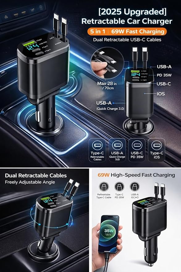 Mizi [2025 Upgraded] Retractable Car Charger 5 in 1, 69W Fast Charging with 2X Retractable Cords [Type-C], 2X Type-C & 1X Type-A Port for iPhone 16/15/14/13/12, Samsung, and More – Black