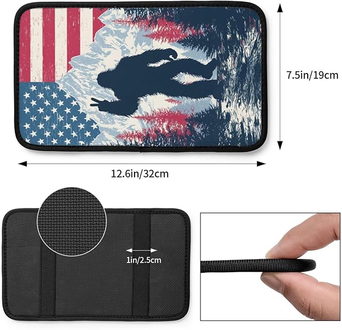American Flag Bigfoot Sasquatch Center Console Cover Pad, Car Armrest Seat Box Cover Cushion Universal for Most Vehicle SUV Truck, Car Interior Accessories Decor, Protect from Pet Claws & Dirt