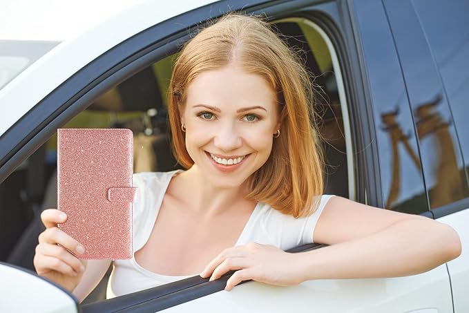 Caweet Car Registration and Insurance Holder Vehicle Glove Box Organizer Leather Car Document Holder for Driver's License, ID, Key Information Cards with Magnetic Closure, Glitter Rose Gold