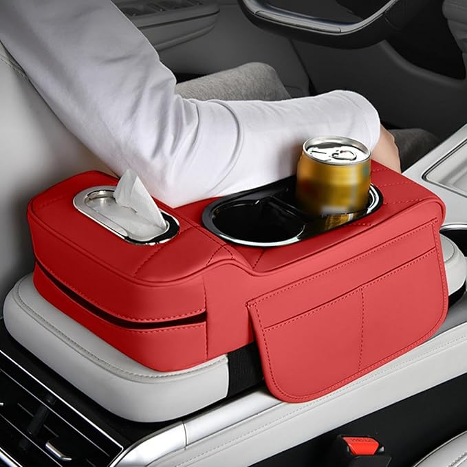 Car Armrest Box Mat, 5-in-1 Center Console Cover Cushion with Cup Holder Tissue Slot, Universal PU Leather Car Box Pad for Sedans Car Accessories Interior Organizers (Multi B02)