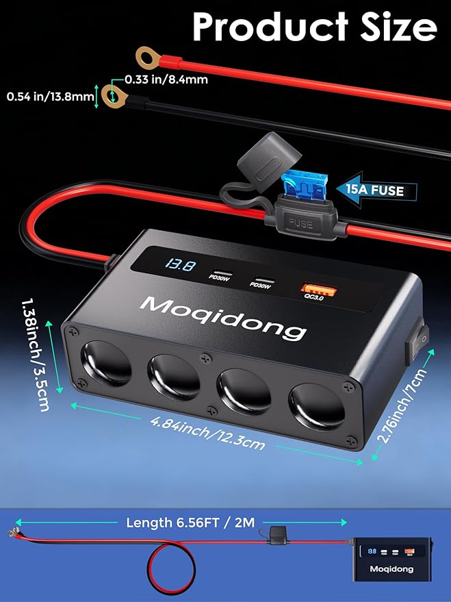 12V 24V Cigaretter Lighter Splitter: 360W USB Car Charger 4 Cigarette Lighter Socket 3 Multi Port Outlet Adapter, 12 Volt Power Supply Car Plug Outlet Battery Adapter with LED Display Master Switch