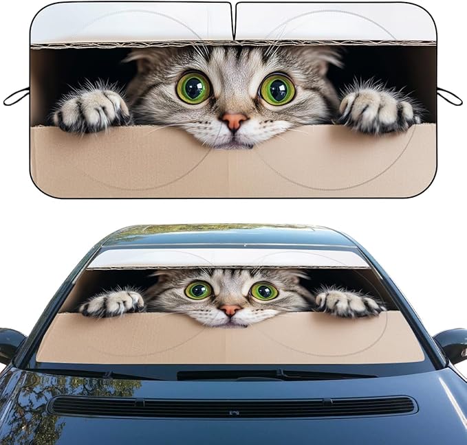 Cute Cat Car Windshield Sunshades Cardboard Box Green Eyes Naughty Cat Front Window Sun Shade Blocks UV Rays Sun Visor Protector for Car Sedan Truck SUV Accessories 59" L x 31.5" W