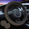 Checkered Black Brown Steering Wheel Cover Black Brown Checkered Steering Wheel Cover Anti-Slip Breathable Universal for 15 Inch Car with 2 Pieces Car Coasters Suitable