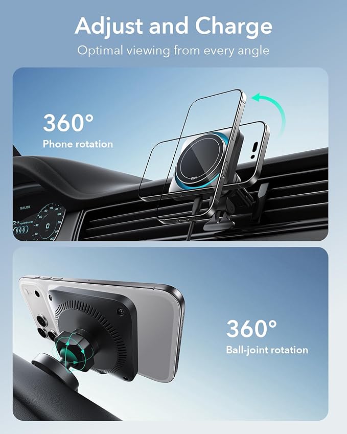 ESR for 15W MagSafe Car Mount Charger with CryoBoost, Phone Cooling MagSafe Car Charger, Air Vent/Dashboard Wireless Charging for iPhone 17e/17/16/15/14/13/12, S26/S25 Series, Pixel 10, Fast Charger