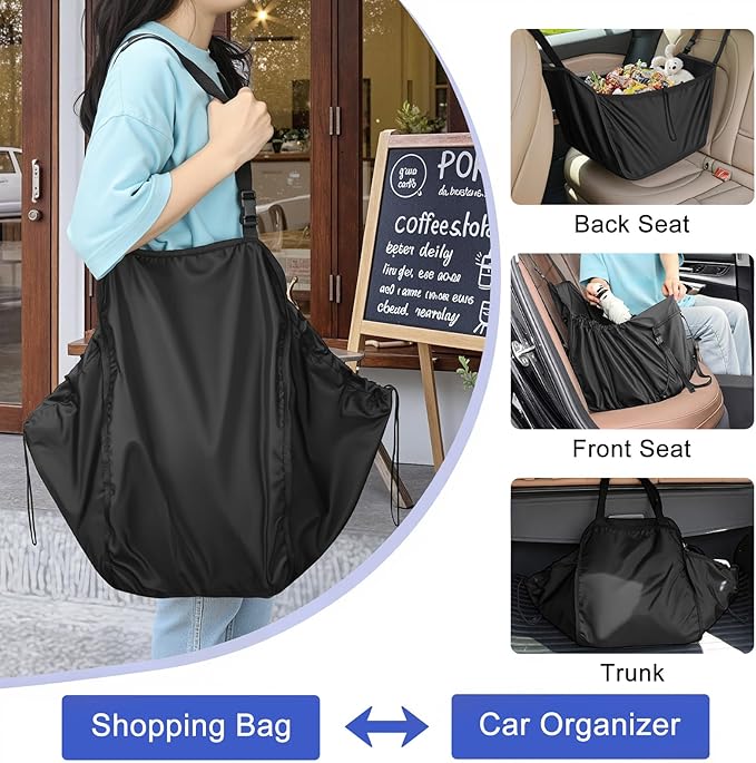 INFANZIA Car Seat Organizer, Collapsible Hammock Passenger Seat Storage Bag, Large Capacity Car Backseat Hanging Travel Portable Shopping Shoulder Bag, Reusable Tote with Drawstrings