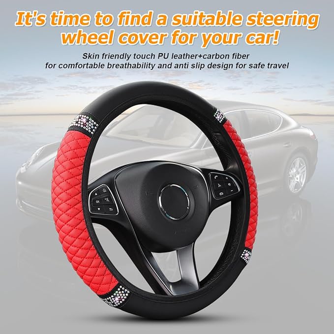 Bling Car Steering Wheel Cover, 15 Inch Crystal Rhinestone Elastic Stretch Leather Steering Wheel Protector, Vehicle Decor Accessories for Women Girls, Universal for RV, SUV, Truck (Red)