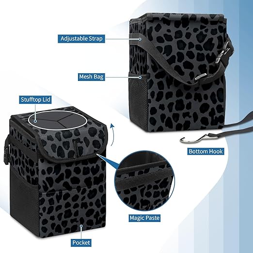 GVGHIDZ Car Trash Can – Multi-Purpose, Lightweight and Portable with Durable Water-Resistant Coating, No Installation Required, Practical and Ample Capacity, Variety of Colors.Black Leopard Print